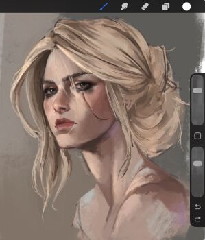 Rule 34 | 1girl, artist name, black eyeshadow, ciri, commentary, english commentary, eyeshadow, facial scar, green eyes, highres, jmp promise, looking at viewer, makeup, nose, painting (medium), pink lips, portrait, procreate (medium), realistic, scar, scar on cheek, scar on face, the witcher (series), traditional media, updo, white hair