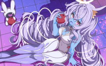 1girl animal_ears bare_shoulders barefoot blue_skin blush bodysuit breasts colored_skin food fruit halo highres holding holding_food holding_fruit large_breasts looking_at_viewer open_mouth original print_bodysuit purple_hair red_eyes shiro9jira sitting smile solo white_bodysuit