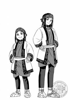 2girls aged_up ainu_clothes asirpa commentary_request dual_persona earrings golden_kamuy greyscale grin hands_on_own_hips headband highres hoop_earrings jewelry monochrome moonlight_0423 multiple_girls shoes smile watermark