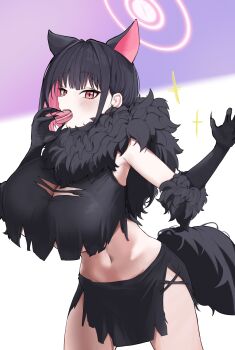 1girl absurdres after-school_sweets_club_(blue_archive) alternate_breast_size_(larger) animal_costume animal_ears arms_up black_claws black_gloves black_hair black_tail blue_archive blunt_bangs blush breasts cat_ears colored_inner_animal_ears colored_inner_hair commentary_request cowboy_shot eating extra_ears fake_claws food fur-trimmed_gloves fur_scarf fur_sleeves fur_trim gloves hair_behind_ear halloween_costume halo highres holding_macaron huge_breasts kazusa_(blue_archive) kazusa_(halloween)_(blue_archive) korean_commentary lir_(cuhc3357) macaron midriff multicolored_hair navel official_alternate_costume pink_hair pink_halo red_eyes short_hair sidelocks skirt solo sparkle sparkling_aura torn_clothes torn_skirt two-tone_background wolf_costume