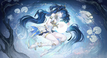 1girl ancient_greek_clothes armlet bare_shoulders barefoot black_skirt blue_eyes blue_hair branch breasts cleavage closed_mouth commentary_request echj feet full_body full_moon gold_bra gradient_hair greco-roman_clothes hair_belt highres iuno_(wuthering_waves) jewelry laurel_crown leg_wrap long_hair looking_at_viewer lying medium_breasts moon multicolored_hair nail_polish on_side orb pink_nails reflection reflective_liquid revision ripples showgirl_skirt skirt smile solo streaked_hair tacet_mark_(wuthering_waves) thighlet thighs toes twintails vambraces very_long_hair wuthering_waves