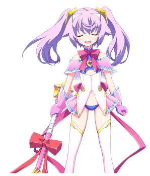 1girl back_ribbon bandeau bare_shoulders blue_bandeau blue_panties blush chaos;head chaos;head_love_chu_chu! chest_ribbon clothing_cutout cute_weapon earrings erin-fray_orgel facing_viewer fingerless_gloves flat_chest game_cg gloves gold_trim hair_ornament halterneck holding holding_weapon horns jewelry long_hair magical_girl matsuo_yukihiro navel off_shoulder official_art open_mouth panties petite petticoat purple_hair red_ribbon ribbon science_adventure smug solo sprite star_(symbol) star_hair_ornament teeth thighhighs thighs tongue twintails underboob_cutout underwear upper_teeth_only weapon white_horns white_thighhighs zettai_ryouiki