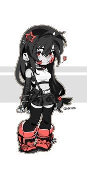 Rule 34 | 1girl, 4k1030, absurdres, bandaid, bandaid on cheek, bandaid on face, bare shoulders, black gloves, black hair, black skirt, black thighhighs, boots, bracelet, breasts, closed mouth, crop top, earrings, elbow gloves, final fantasy, final fantasy vii, final fantasy vii remake, fingerless gloves, full body, glint, gloves, hair between eyes, heart, highres, jewelry, long hair, looking at viewer, low-tied long hair, materia, medium breasts, midriff, miniskirt, navel, red boots, red eyes, skirt, smile, solo, standing, star (symbol), suspender skirt, suspenders, tank top, thighhighs, tifa lockhart, twitter username, white tank top, zettai ryouiki