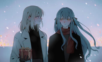 Rule 34 | 2girls, bang dream!, bang dream! it's mygo!!!!!, black gloves, black jacket, black sweater, blonde hair, blue hair, blush, commentary, ear blush, gift, gloves, hair ribbon, jacket, long hair, maybecrosswise, medium hair, misumi uika, multiple girls, open mouth, purple eyes, red scarf, ribbon, scarf, sidelocks, snow, sweater, togawa sakiko, white jacket, yellow eyes