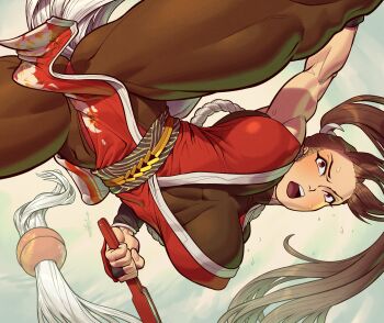 1girl arm_guards bare_shoulders breasts brown_eyes brown_hair cleavage commentary fatal_fury folded_fan folding_fan hand_fan high_ponytail highres holding holding_fan japanese_clothes joseph_virtuoso large_breasts long_hair looking_at_viewer ninja pelvic_curtain ponytail revealing_clothes rope shiranui_mai snk solo the_king_of_fighters thighs wrist_guards