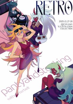 4girls blonde_hair blue_eyes blue_hair commentary_request dress green_eyes green_hair guru.zong highres kneesocks_(psg) long_hair multiple_girls panty_&amp;_stocking_with_garterbelt panty_(psg) purple_hair red_dress scanty_(psg) school_uniform sleeveless sleeveless_dress stocking_(psg)