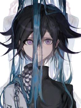 1boy 1girl black_hair blue_hair buttons checkered_clothes checkered_scarf commentary danganronpa_(series) danganronpa_v3:_killing_harmony dual_persona flipped_hair gahagahay526 gakuran hair_between_eyes height_difference long_hair looking_at_viewer male_focus medium_hair oma_kokichi portrait purple_eyes scarf school_uniform shirogane_tsumugi short_hair simple_background solo_focus two-tone_scarf very_long_hair