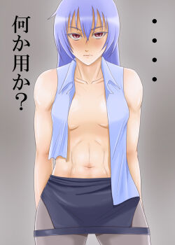 1girl :&lt; alternate_hairstyle aq_interactive arcana_heart arcana_heart_2 bifidus blue_hair breasts examu frown hair_between_eyes looking_at_viewer medium_breasts navel open_clothes pantyhose red_eyes skirt stomach torn_clothes translation_request vest zenia_valov