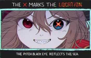 Rule 34 | 1girl, alternate costume, bandana, black border, blue eyes, border, brown hair, chromatic aberration, close-up, cross in eye, emphasis lines, english text, evil neuro-sama, fang, film grain, glitch, grin, hair between eyes, hat, heterochromia, looking at viewer, mamiodapao, neuro-sama, pirate hat, red bandana, red eyes, sharp teeth, skin fang, smile, solo, teeth, v-shaped eyebrows, vedal ai, virtual youtuber