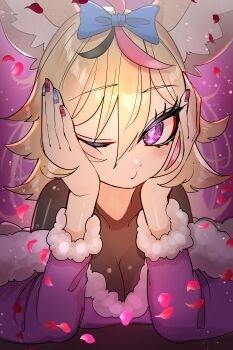 Rule 34 | 1girl, absurdres, alternate costume, animal ear fluff, animal ears, black bodysuit, black streaks, blonde hair, blue nails, bodysuit, breasts, cleavage, closed mouth, dress, fox ears, fox girl, fur-trimmed dress, fur trim, hands on own face, heart, heart-shaped pupils, highres, hololive, looking at viewer, medium breasts, medium hair, multicolored nails, nail polish, omaru polka, one eye closed, pink dress, pink streaks, purple eyes, red nails, solo, symbol-shaped pupils, virtual youtuber, yuuppi