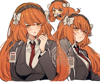 Rule 34 | 09wave hb, 1girl, between breasts, blush, bow, bow hairband, breasts, brown hairband, chibi, chibi inset, cropped torso, freckles, grey jacket, hairband, id card, ishmael (project moon), jacket, large breasts, limbus company, long hair, looking at viewer, multiple views, necktie, necktie between breasts, orange hair, project moon, red necktie, shirt, simple background, sweatdrop, watermark, white background, white bow, white shirt, wing collar, yellow eyes