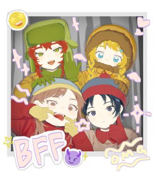 4girls aqua_eyes black_hair blonde_hair braid brown_eyes brown_hair child choppy_bangs commentary_request contrast_collar eric_cartman fake_photograph fur-trimmed_hood fur_trim genderswap genderswap_(mtf) gloves green_eyes green_gloves harusame_kyab hat highres hood kenny_mccormick kyle_broflovski looking_at_viewer middle_finger multiple_girls orange_hair purple_eyes red_gloves short_hair south_park stan_marsh sticker tsurime twin_braids uneven_eyes ushanka