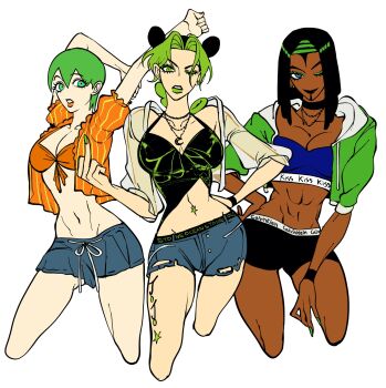 3girls abs alternate_costume bikini black_choker black_hair black_shorts blue_bra blue_eyes blue_tube_top bra braid breasts choker clamchowder55 cleavage commentary crop_top cutoffs dark-skinned_female dark_skin denim denim_shorts double_bun dreadlocks ermes_costello eyeliner foo_fighters_(jojo) front-tie_top green_eyeliner green_eyes green_hair green_hairband green_jacket green_lips green_nails grey_hood hair_bun hairband hand_on_own_hip highres hood hood_down jacket jewelry jojo_no_kimyou_na_bouken kuujou_jolyne leg_tattoo makeup medium_breasts middle_finger midriff multicolored_hair multiple_girls navel navel_piercing necklace no_nose one_eye_closed open_clothes open_jacket orange_bikini orange_shirt piercing see-through_clothes see-through_shirt shirt short_hair short_shorts shorts sports_bra stone_ocean strapless stretching swimsuit symbol-only_commentary tattoo torn_clothes torn_shorts tube_top two-tone_hair underwear white_background