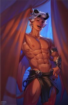 Rule 34 | 1boy, absurdres, armpit hair, astarion, baldur's gate, baldur's gate 3, colored skin, commentary, curtains, demon boy, demon horns, demon tail, demon wings, dungeons & dragons, english commentary, fangs, highres, horns, male focus, muscular, muscular male, nipples, penis under clothing, poofroom fanart, red skin, solo, tail, white hair, wings