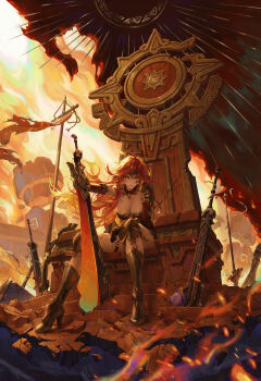 1girl absurdres ahoge alternate_costume arm_up armor armored_boots artist_name banner battle_standard black_gloves blonde_hair blood blood_on_face boots bow_(weapon) breasts broken_armor chain_breaker_(genshin_impact) claymore_(sword) cleavage collar commentary crack cracked_floor detached_collar dress earrings earth_shaker_(genshin_impact) elbow_gloves embers english_commentary fingerless_gloves fire flag floating_hair footprint_of_the_rainbow_(genshin_impact) forehead_protector genshin_impact gloves gold_armor gold_boots gold_trim gradient_hair greatsword greaves headband high_heel_boots high_heels highres holding holding_sword holding_weapon hoop_earrings jewelry knee_pads kuri_kuriku large_breasts long_hair looking_at_viewer mavuika_("sunset")_(genshin_impact) mavuika_(genshin_impact) multicolored_hair on_throne orange_eyes orange_hair orange_pupils parted_bangs parted_lips pauldrons planted planted_polearm planted_sword polearm red_dress red_eyes red_hair red_headband ruins scratches serious shoulder_armor sidelocks single_bare_shoulder single_pauldron sitting solo spear strapless strapless_dress sword symbol_in_eye thigh_strap throne torn_clothes twitter_username v-shaped_eyebrows vambraces very_long_hair war_banner weapon