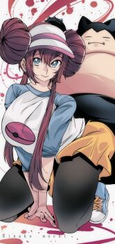 Rule 34 | 1girl, all fours, animal, arm support, black fur, black pantyhose, blue eyes, blue shirt, blue shoes, blush, breasts, brown hair, claws, closed eyes, double bun, fangs, gen 1 pokemon, hair bun, hat, kinakomochi (user vedc2333), kneeling, large breasts, long hair, long sleeves, looking at viewer, nintendo, pantyhose, poke ball print, poke ball symbol, pokemon, pokemon (creature), pokemon bw2, print shirt, raglan sleeves, rosa (pokemon), shirt, shoes, shorts, sidelocks, smile, sneakers, snorlax, twintails, visor cap, white background, white hat, yellow shorts