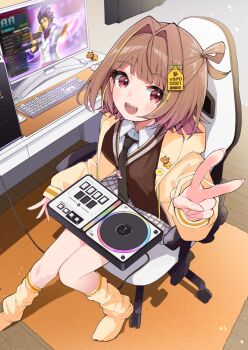 1girl :d akabeko beatmania_iidx beatmania_iidx_infinitas bemani black_necktie breasts brown_hair brown_sweater chair collared_shirt commentary_request computer computer_keyboard computer_mouse controller fangs game_controller gaming_chair goten_(510gensoku) hair_intakes hair_rings hand_up highres hood hood_down hooded_jacket indoors jacket long_sleeves loose_socks medium_breasts medium_hair miniskirt monitor necktie no_shoes open_clothes open_jacket open_mouth pink_eyes pleated_skirt sendo_yuuhi sendo_yuuhi_(1st_costume) shirt single_hair_ring siren_(beatmania) sitting skirt smile socks solo sweater swivel_chair teeth upper_teeth_only v virtual_youtuber vspo! white_shirt white_skirt yellow_jacket yellow_socks