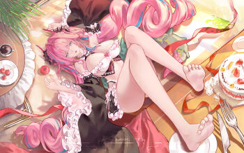 1girl absurdly_long_hair absurdres apple apron arknights arknights:_endfield armpits arms_up artist_name bare_legs bare_shoulders barefoot black_sleeves blue_eyes blue_hair blunt_bangs bra breasts cake cherry choker cleavage cleavage_cutout clothing_cutout coffee collar commentary_request cup day detached_sleeves drill drill_hair feet_on_table floating_ribbon floor food frilled_apron frilled_bra frilled_bracelet frilled_choker frilled_collar frilled_skirt frilled_sleeves frills from_above fruit full_body hair_intakes hands_up high_up highres horns indoors knife large_breasts leaf long_hair lying maid maid_apron maid_headdress multicolored_hair no_shoes nude on_back on_floor open_mouth pastry_box picture_frame pink_hair plant plate qingxi_emoji ribbon shadow signature skirt sleeve_bow soles solo spork strapless streaked_hair sunlight table tablecloth twin_drills twintails underwear very_long_hair yvonne_(arknights)