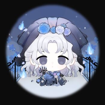 1girl baonu_de_zhanshen_caibutou black_border black_dress black_gloves black_veil blue_fire blue_flower blue_rose border bridal_veil bride bridge candle candlestand chibi chinese_commentary closed_mouth commentary_request dot_nose dress dress_flower empty_eyes expressionless fire flower gloves grey_eyes hair_flower hair_ornament highres holding holding_candle infinity_nikki light_frown light_particles long_dress looking_at_viewer nameless_selfless_(infinity_nikki) night nikki_(series) one_eye_covered outdoors petals pleated_dress purple_flower purple_rose rose round_border short_sleeves solo sparkle standing straight-on tareme teardrop veil wedding_dress white_flower white_rose