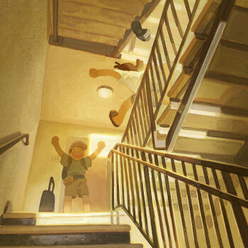 2boys absurdres arms_up backpack bag black_hair child closed_eyes commentary english_commentary george_park grey_hat grey_shorts hat highres jumping male_focus multiple_boys open_mouth original railing shirt short_sleeves shorts stairs stairwell t-shirt unworn_hat unworn_headwear white_shirt