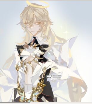 1boy bishounen blonde_hair chain english_text hair_between_eyes halo hashtag-only_commentary highres liulianjingrua long_hair long_sleeves looking_at_viewer male_focus original shirt simple_background solo yellow_eyes