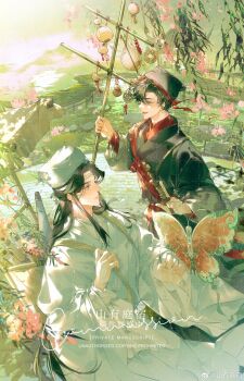2boys absurdres alternate_hairstyle artist_name backpack bag bishounen black_hair black_hanfu black_hat boat bridge bug butterfly chinese_clothes commission couple flower gourd hair_ribbon hanfu hat headband highres holding holding_kite holding_staff holding_strap insect jin_(headwear) kite kite_string lan_wangji lantern leaf long_hair long_sleeves looking_at_another lotus lotus_leaf male_focus modao_zushi multiple_boys oil-paper_umbrella open_mouth outdoors parted_lips pink_flower red_eyes red_ribbon red_sash ribbon robe sash scroll shan_you_ting_su ship sidelocks smile staff umbrella updo very_long_hair water watercraft watermark watermark_grid wei_wuxian weibo_watermark white_hanfu white_hat white_headband wide_sleeves willow yaoi yellow_eyes zhouzi_jin_(headwear)