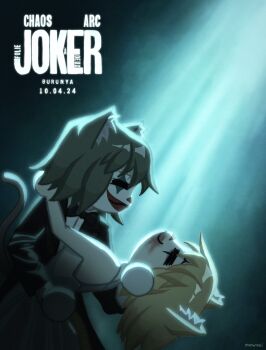 1boy 1girl :3 =_= animal_ears arthur_fleck batman_(series) blonde_hair card carnival_phantasm cat_ears cat_girl cat_tail clown cosplay dc_comics dress facepaint formal_clothes grey_hair harley_quinn highres joker joker:_folie_à_deux joker_(2019) joker_(dc)_(cosplay) lee_quinzel makeup melty_blood meowmei neco-arc neco-arc_chaos parody playing_card poster_parody suit tail the_joker tsukihime tuxedo type-moon white_dress