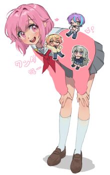 2boys 2girls brown_shoes cardigan chibi commentary_request empty_(neyo) full_body green_hair grey_skirt hands_on_own_legs kamishiro_rui kusanagi_nene leaning_forward loafers long_hair long_sleeves looking_at_viewer miyamasuzaka_girls'_academy_school_uniform multicolored_hair multiple_boys multiple_girls neckerchief ootori_emu open_mouth pink_cardigan pink_eyes pink_hair pleated_skirt project_sekai purple_eyes purple_hair red_neckerchief sailor_collar school_uniform shoes short_hair simple_background skirt smile socks solo_focus standing streaked_hair tenma_tsukasa translation_request white_background white_sailor_collar white_socks wonderlands_x_showtime_(project_sekai) yellow_eyes