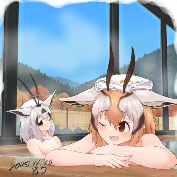 Rule 34 | 2girls, animal ears, arabian oryx (kemono friends), bare shoulders, baroy baroro, blush, brown eyes, brown hair, collarbone, extra ears, gazelle ears, gazelle girl, gazelle horns, hair between eyes, highres, kemono friends, multicolored hair, multiple girls, one eye closed, onsen, open mouth, orange hair, partially submerged, short hair, sidelocks, thomson&#039;s gazelle (kemono friends), towel, towel on head, two-tone hair, white hair
