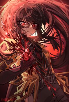 1girl artist_name belt black_belt black_gloves black_hair black_pants black_shirt black_vest blood blood_on_clothes blood_on_face blood_on_hands blood_splatter blood_spray broken_eyewear cheromo159 cigarette coat collared_shirt contempt_awe_(e.g.o) cowboy_shot e.g.o_(project_moon) elbow_gloves glasses gloves heart_(organ) high_ponytail highres holding holding_heart_(organ) limbus_company long_hair looking_over_eyewear n_corp._e.g.o_(identity)_(project_moon) necktie pants ponytail project_moon red-tinted_eyewear red_eyes red_necktie ryoshu_(project_moon) shirt sidelocks solo sunglasses tinted_eyewear unlit_cigarette_in_mouth very_long_hair vest yellow_coat