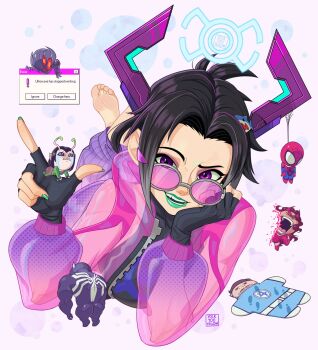 3boys 3girls antennae aqua_lips aqua_nails ass avengers_(series) barefoot black_gloves black_hair black_shirt brown_hair chibi chibi_inset commentary crying crying_with_eyes_open curly_hair english_commentary everyone_is_so_mean_2_me_(meme) fantastic_four fingerless_gloves galacta gloves gradient_hair grey_hair guardians_of_the_galaxy hair_ornament hairclip hand_on_own_cheek hand_on_own_face hanging highres horns index_finger_raised jacket leg_warmers looking_at_viewer lying mantis_(marvel) marvel marvel_rivals meme multicolored_hair multiple_boys multiple_girls on_stomach open_mouth parted_bangs pink_jacket purple-tinted_eyewear purple_eyes purple_horns purple_leg_warmers reed_richards robot round_eyewear scarlet_witch shirt shoe_print solo_focus spider-man spider-man_(series) suicide sunglasses superhero_costume sweatdrop tears tinted_eyewear ultron venom_(marvel) wanda_maximoff window_(computing) yolk_too_yellow