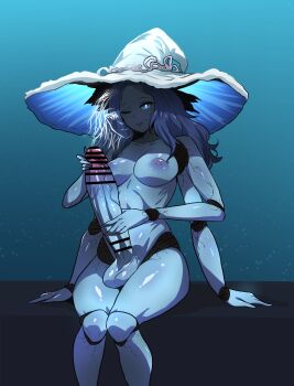 1futa bar_censor blue_eyes blue_hair blue_skin breasts censored colored_skin completely_nude cracked_skin doll doll_joints elden_ring erection extra_arms extra_faces futanari gradient_background hat huge_penis joints long_hair looking_at_viewer medium_breasts mochiume nipples nude one_eye_closed penis penis_grab ranni_the_witch rope shiny_skin sitting sky smile solo star_(sky) starry_sky testicles veins veiny_penis white_hair witch_hat