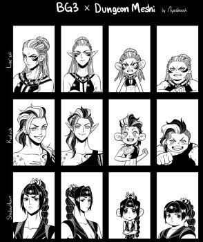 3girls alternate_species angry baldur's_gate baldur's_gate_3 broken_horn circlet dungeon_meshi dwarf elf horns humanization karlach lae'zel long_braid monochrome multi-tied_hair multiple_girls nyachooh pointy_ears scar scar_on_face scar_on_nose shadowheart_(baldur's_gate) smile tiefling