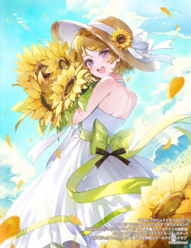 Rule 34 | 1girl, :d, a20 (atsumaru), back bow, bare shoulders, blonde hair, blush, bouquet, bow, brown hat, choker, cloud, commentary request, copyright notice, cowboy shot, day, dress, flower, green bow, hat, hat ribbon, holding, holding bouquet, koizumi hanayo, looking at viewer, love live!, love live! school idol project, official art, open mouth, outdoors, pink eyes, ribbon, short hair, smile, solo, strapless, strapless dress, straw hat, sun hat, sunflower, white choker, white dress, white ribbon, yellow flower