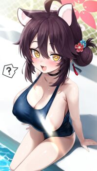 +_+ 1girl ? absurdres ahoge alternate_costume animal_ears arm_support bare_shoulders black_choker blondy_(ldlong) blue_archive blush breasts brown_hair choker cleavage clueless covered_erect_nipples fang flower from_above hair_between_eyes hair_bun hair_flower hair_ornament halo highres huge_breasts kaede_(blue_archive) large_breasts looking_at_viewer one-piece_swimsuit open_mouth oppai_loli outdoors pool poolside red_halo school_swimsuit short_hair sidelocks single_side_bun sitting skin_fang smile solo speech_bubble spoken_question_mark swimsuit thighs wardrobe_malfunction water wet yellow_eyes