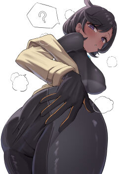 1girl ? @_@ absurdres ass ass_focus black_bodysuit black_hair blush bodysuit brown_jacket dark-skinned_female dark_skin emma_(pokemon) hashira_14 highres jacket latex latex_bodysuit looking_at_viewer nintendo parted_lips pokemon pokemon_legends:_z-a purple_eyes simple_background solo speech_bubble spread_ass steam white_background