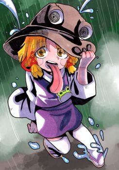1girl animal_print blonde_hair blush_stickers brown_hat cross-shaped_pupils frog_print full_body hair_ribbon hand_on_headwear hat highres inuyama_konan long_sleeves long_tongue moriya_suwako multiple_hair_ribbons open_mouth purple_skirt purple_vest rain ribbon sandals shirt sidelocks skirt solo symbol-shaped_pupils thighhighs tongue tongue_out touhou very_long_tongue vest white_shirt white_thighhighs yellow_eyes zouri