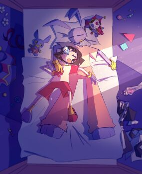 1boy 1girl asymmetrical_gloves blue_eyes blue_gloves blush_stickers brown_hair colored_skin colored_teeth crepessuzzettes dentures gloves hat highres jax_(the_amazing_digital_circus) jester jester_cap mismatched_gloves morning_after multicolored_eyes multicolored_hat pomni_(the_amazing_digital_circus) puffy_sleeves red_eyes red_gloves short_hair short_sleeves smile striped_clothes striped_headwear the_amazing_digital_circus two-tone_eyes vertical-striped_clothes yellow_teeth