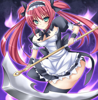 Rule 34 | airi (queen's blade), breasts, green eyes, maid, maid headdress, mikan (5555), queen's blade, red hair, ribbon, scythe, thighhighs, twintails