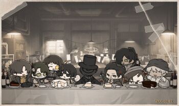 2girls 6+boys :d alcohol alt_text anger_vein aseah_(project_moon) black_coat black_eyes black_hat black_scarf bottle brown_hat bucket_hat cake cake_slice cat chair chibi chibi_only chocolate_cake chopsticks coat commentary cup curtained_hair d_ecember12th dinner dongbaek_(project_moon) dongrang_(project_moon) drinking_glass eating english_commentary faceless fine_art_parody food green_eyes grey_shirt gubo_(project_moon) hair_between_eyes hair_over_one_eye hair_slicked_back hat highres holding holding_bottle holding_mirror league_of_nine_litterateurs_(project_moon) limbus_company long_hair mirror multiple_boys multiple_girls necktie official_art_inset open_mouth parody photo_(object) plate ponytail project_moon red_necktie rim_(project_moon) scarf scene_reference shirt short_hair smile suspenders table the_last_supper timestamp top_hat torn_paper white_hair white_shirt wine wine_glass yellow_eyes yi_sang_(project_moon)