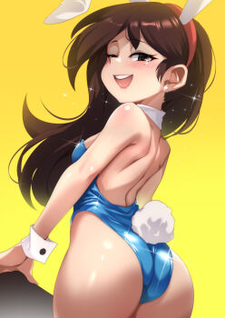 1girl :d animal_ears animification ass bare_back bare_legs bare_shoulders blue_leotard breasts brown_eyes brown_hair earrings fake_animal_ears fake_tail female_focus freckles from_behind jcm2 jewelry leotard loli long_hair looking_at_viewer open_mouth playboy_bunny rabbit_ears rabbit_tail sid_chang simple_background small_breasts smile solo tail teeth the_casagrandes the_loud_house upper_teeth_only yellow_background