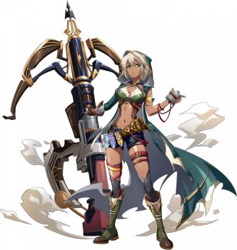 1girl armlet bandaged_arm bandages belt black_pants black_shorts boots bow_(weapon) breasts brown_gloves cape cleavage cloak closed_mouth criss-cross_halter cropped_shirt crossbow dark_skin dust_cloud fingerless_gloves flashlight flask floating_cape full_body game_cg gloves gold_armlet green_boots green_cape green_cloak green_eyes green_shirt hair_between_eyes halterneck holding holding_crossbow holding_flashlight holding_weapon hood hood_up hooded_cape huge_weapon jewelry knee_boots langrisser langrisser_mobile langrisser_re:incarnation large_breasts looking_at_viewer midriff multicolored_thighhighs multiple_belts navel official_art open_fly oversized_object pants serious shirt short_shorts shorts simple_background single_fingerless_glove single_glove solo standing strap suzette_(langrisser) tachi-e thigh_belt thigh_strap thighhighs third-party_source toned toned_female torn_cloak torn_clothes torn_shorts torn_sleeve transparent_background vial weapon white_hair zettai_ryouiki