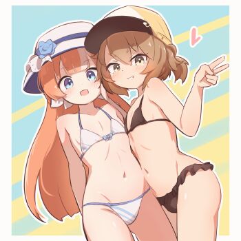 2girls akikawa_yayoi_(umamusume) arms_behind_back baseball_cap bikini black_bikini blue_eyes blush border bowler_hat brown_eyes brown_hair collarbone commentary cowboy_shot fang flat_chest flower hair_between_eyes hair_ornament hat heart highres long_hair looking_at_viewer medium_hair multicolored_hair multiple_girls navel open_mouth orange_hair outline rotasu_(rotasqqfv) satake_mei skin_fang standing streaked_hair striped_background sun_hat swimsuit umamusume v white_bikini white_border white_hair white_outline yellow_hat
