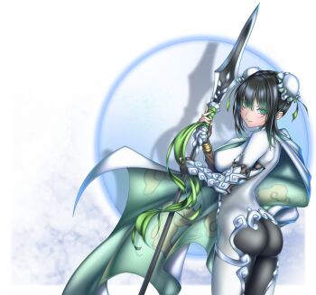 1girl absurdres arm_guards ass black_gloves black_hair blush bodysuit breasts bun_cover cape chinese_clothes covered_navel double_bun fate/grand_order fate_(series) fingerless_gloves full_body gloves green_eyes green_ribbon hair_between_eyes hair_bun highres holding holding_polearm holding_weapon kachihokori_satake large_breasts long_sleeves looking_at_viewer polearm qin_liangyu_(fate) ribbon shadow sidelocks simple_background skin_tight smile solo spear standing thighs two-sided_cape two-sided_fabric weapon white_background white_bodysuit white_cape
