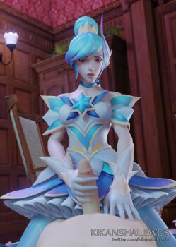 1boy 1girl 3d blue_eyes blue_hair choker clothed_female_nude_male gloves hand_on_penis handjob hetero highres kikanshalewds kneeling league_of_legends magical_girl nude orianna orianna_(league_of_legends) pale_skin penis pov pov_crotch sitting sitting_on_person solo_focus spread_legs star_guardian_(league_of_legends) star_guardian_orianna star_guardian_series surprised tutu