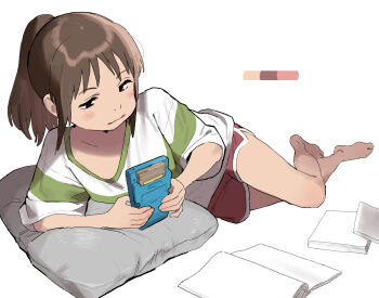 1girl atte_nanakusa barefoot black_eyes book brown_hair commentary_request dolphin_shorts feet game_boy half-closed_eyes handheld_game_console holding holding_handheld_game_console long_hair lying ogino_chihiro on_side open_book paper_stack parted_lips pillow playing_games playing_video_games ponytail red_shorts sen_to_chihiro_no_kamikakushi shirt short_sleeves shorts simple_background solo thighs white_background white_shirt
