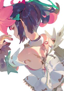 1girl back_cutout black_hair bow clothing_cutout collar commentary_request detached_sleeves dress fatur_rasid from_behind green_bow green_halo halo hand_up highres multicolored_hair nangong_yu pink_eyes pink_hair pink_nails solo twintails two-tone_hair white_background white_collar white_dress zenless_zone_zero