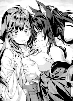 2girls animal_ears breasts breasts_out cat_ears collarbone grabbing_another&#039;s_breast groping high_school_dxd highres japanese_clothes junior_high_school_dxd kimono kuroka_(high_school_dxd) large_breasts long_hair miyamoto_zeka multiple_girls official_art open_clothes open_kimono yuri