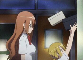 2girls animated animated_gif blonde_hair bouncing_breasts box breasts brown_hair hagimura_suzu indoors long_hair lowres multiple_girls physics ribbon school_uniform seitokai_yakuindomo shichijou_aria twintails