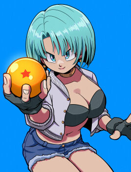 1girl absurdres black_bra black_gloves blue_background blue_eyes blue_hair blue_shorts bra breasts bulma cleavage closed_mouth commentary_request dragon_ball dragon_ball_(object) earrings fingerless_gloves gloves highres holding_dragon_ball jacket jewelry large_breasts looking_at_object navel open_clothes open_jacket short_hair short_shorts shorts simple_background smile solo underwear v-shaped_eyebrows yuichi_ishikawa